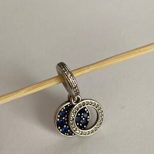 Authentic Pandora Blue Double Disc Dangle Charm CZ sterling Silver ALE S925